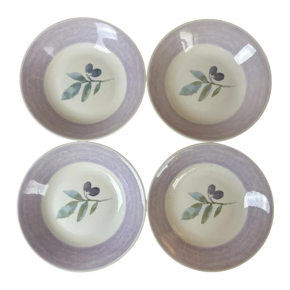 Pier 1 Olive Mist White Trim Lavender Purple Rim Black Olives Soup Bowl Set Of 4